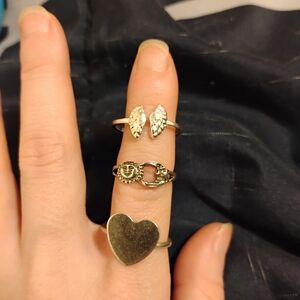 Silver Leaf and Heart Ring Set